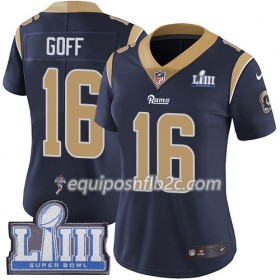 Camiseta Mujer NFL Los Angeles Rams Jared Goff 16 Nike Azul 2019 Super Bowl LIII 